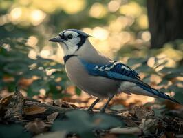 Blue jay perched quietly among autumn leaves in a tranquil forest setting photo