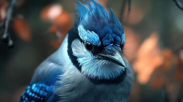 Blue jay perched on a branch against a blurred autumn background photo