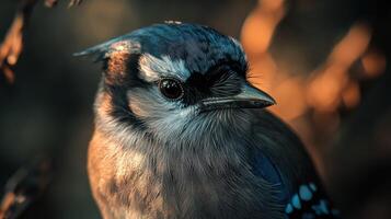 Blue jay perched gracefully amidst autumn foliage in soft twilight photo