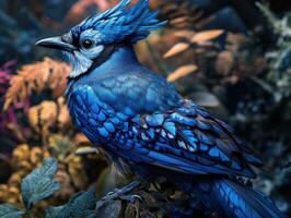 Vibrant blue bird perched among colorful foliage in a natural setting photo