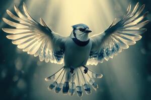 Blue jay soaring gracefully in a sunlit forest with spread wings photo