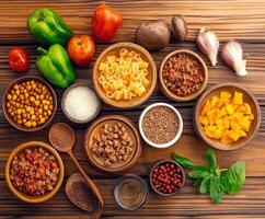 Colorful arrangement of fresh ingredients for a flavorful dish preparation photo