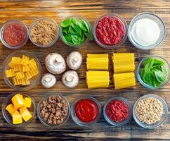 Colorful assortment of ingredients for preparing a delicious pasta dish photo