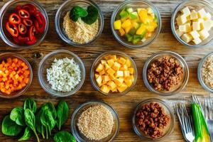 Colorful preparation of fresh ingredients for a healthy meal at home photo