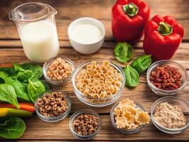 Cooking ingredients on wooden table ready for meal preparation photo