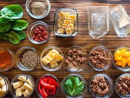 Colorful ingredients arranged neatly for meal preparation on a wooden table photo