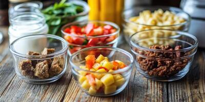 Colorful assortment of fresh ingredients on a wooden table for meal preparation photo
