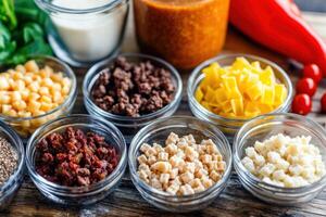 Colorful assortment of ingredients for a vibrant culinary dish preparation photo