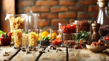 Diverse ingredients arranged for meal preparation in a rustic kitchen setting photo