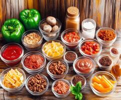 Ingredients laid out for preparing a hearty meal in a rustic kitchen photo