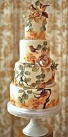 Elegant four-tier cake adorned with hand-painted floral and bird design photo