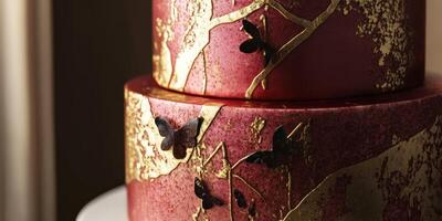 Elegant two-tier cake featuring gold accents and butterfly decorations photo