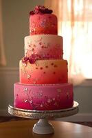 Elegant tiered cake with floral designs for celebrations photo