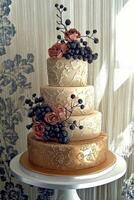 Elegant three-tier cake adorned with flowers and berries in a stylish venue photo