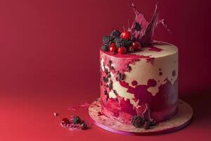 Colorful berry cake decorated with fresh fruits and artistic design in red tones photo
