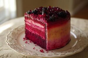 Colorful layered cake with fresh berries served on a white plate photo