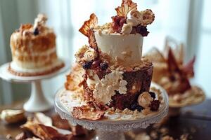 Stunning dessert display features elaborate cake creations in a cozy setting photo