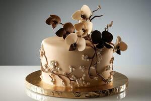 Elegant cake adorned with chocolate orchids for celebration photo