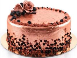 Elegant chocolate cake with blackberries and decorative roses for celebrations photo