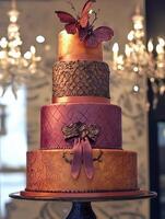 Elegant tiered cake decorated with butterflies in a luxurious setting photo
