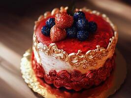 Exquisite red and gold cake topped with berries shines in soft light photo