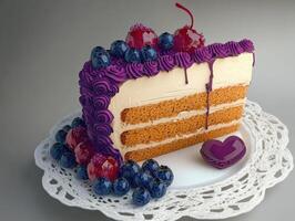 Delightful layered cake topped with berries and a heart-shaped treat photo