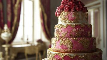 Elegant wedding cake adorned with roses and intricate gold details photo