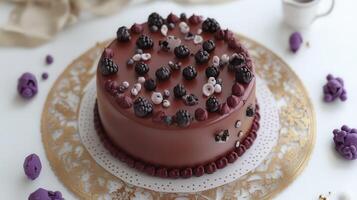 Enjoy a cake adorned with blackberries and chocolate photo