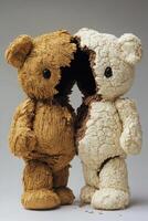 Unique teddy bears with textured fur standing together in soft lighting photo