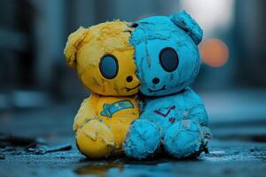 Two colorful teddy bears sit close together on a city street at dusk photo