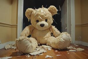 Large teddy bear sits in a messy room with torn fabric scattered around photo