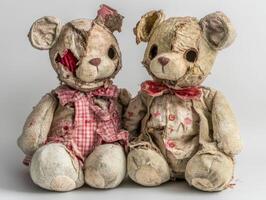 Vintage teddy bears with worn fabric and unique patches on display photo