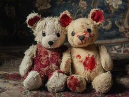 Old teddy bears with frayed fur and unique features on vintage carpet photo