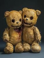 Old, worn teddy bears with haunting features captured in artistic display photo