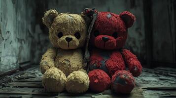Two worn teddy bears sit together in an abandoned room at dusk photo