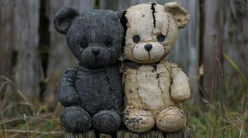 Two vintage teddy bears sitting together in a rustic outdoor setting photo