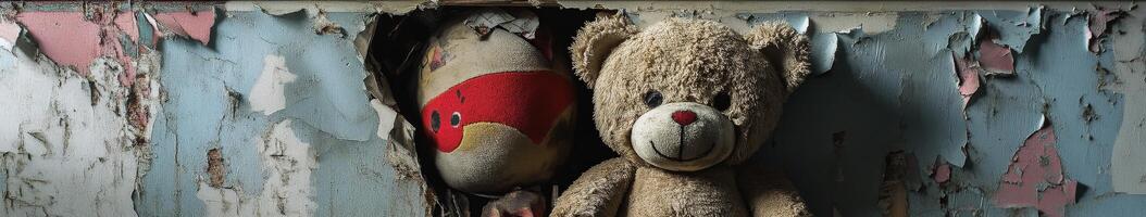 Forgotten toys behind peeling walls in an abandoned space photo