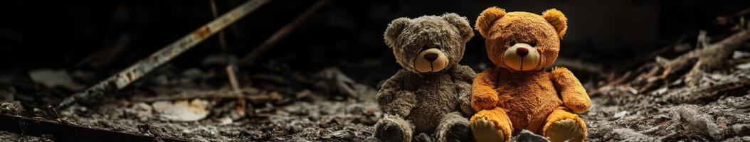 Two teddy bears sitting in a burnt room with debris scattered around photo