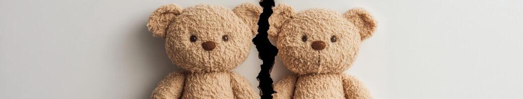 Two teddy bears facing each other with a visible separation line photo
