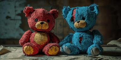 Unique and colorful vintage teddy bears on display in an old room photo