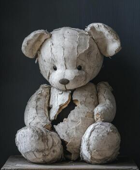Vintage teddy bear in worn condition with visible damage on display photo