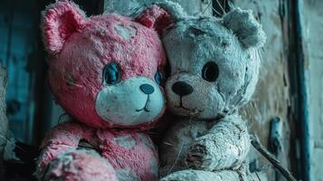 Abandoned teddy bears sit quietly together in a derelict building photo