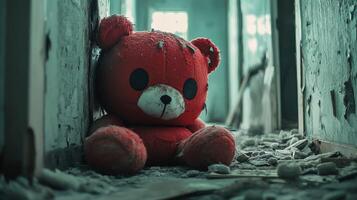 Abandoned teddy bear in a dilapidated building exudes nostalgia and sorrow photo