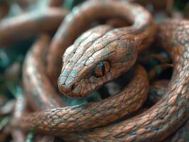 Close-up of a beautifully patterned snake resting among foliage in nature photo