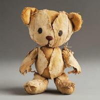 Handmade teddy bear from recycled materials on a neutral background photo