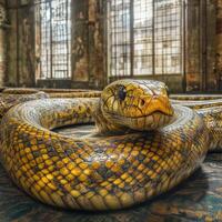 Bright yellow snake coiled on a wooden floor in an abandoned building photo