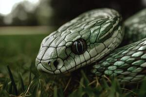 Green snake resting in lush grass during a sunny day outdoors photo