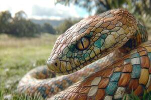 Colorful snake basking in the sun on a vibrant green field photo