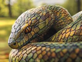 Colorful snake coiled on the ground in a sunlit outdoor setting photo