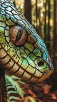 Close-up of a vibrant green snake resting in a lush forest during daylight photo